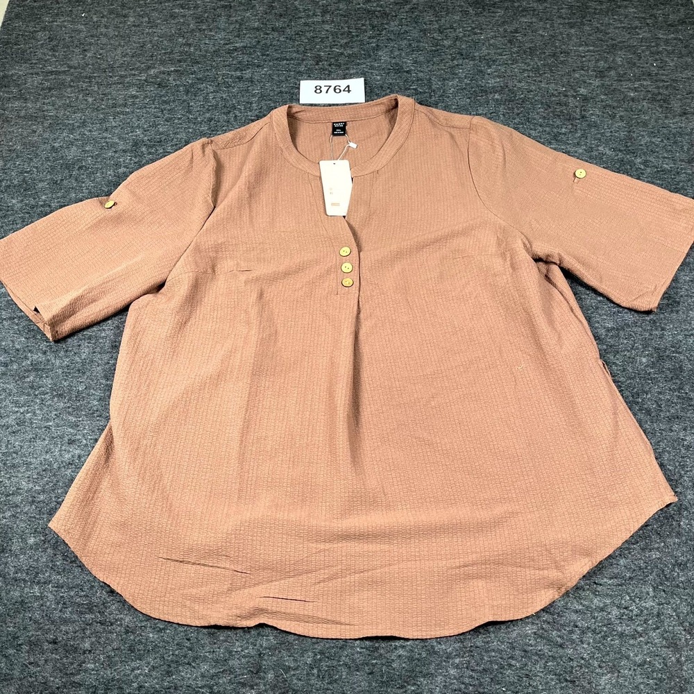 Emery Rose Blouse Top Womens 2XL Brown Textured Side Slit Split Neck Outdoor